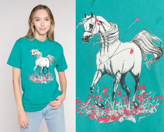 Glitter Horse Shirt 90s Sparkly Floral Illustration Graphic Tee Animal T-Shirt Retro Artsy Teal Green Single Stitch 1990s Vintage Small S