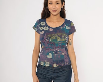 Y2K San Francisco Graphic Tee Souvenir Tourist City Floral Heart Studded Purple Navy Teal Fitted Short Sleeve Bedazzled Petite Medium M