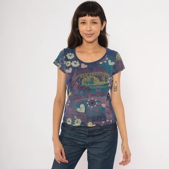 Y2K San Francisco Graphic Tee Souvenir Tourist City Floral Heart Studded Purple Navy Teal Fitted Short Sleeve Bedazzled Petite Medium M