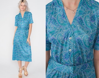 Blue Paisley Dress 70s Midi Day Dress Button up Shirtwaist Shiny Boho Print Short Sleeve Summer High Waisted V Neck Vintage 1970s Medium M