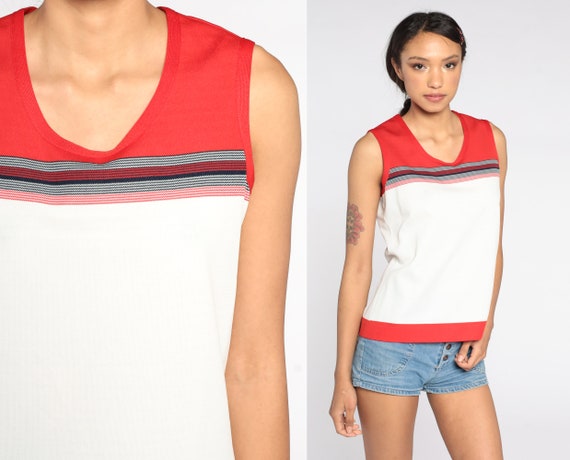 70s Striped Shirt Sleeveless Blouse Red White Mod Striped Top Tank Retro Sleeveless Vintage 1970s Retro Shirt Small S