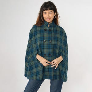Vintage 70s Blue Plaid Wool Cape Coat Double Breasted Button Up Green Swing Fit Checkered Cloak Jacket 1970s Mod Preppy Small Medium Large