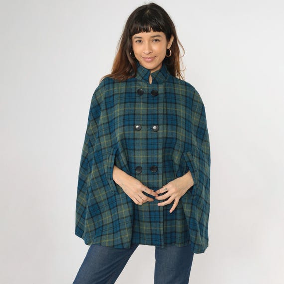 Vintage 70s Blue Plaid Wool Cape Coat Double Breasted Button Up Green Swing Fit Checkered Cloak Jacket 1970s Mod Preppy Small Medium Large