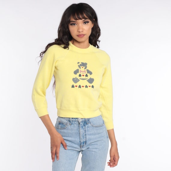Teddy Bear Sweatshirt 2xs 80s Teddy Bear Print Raglan Sleeve Sweatshirt Pastel Yellow 1980s Kawaii Crewneck Vintage Extra Small 2xs xxs