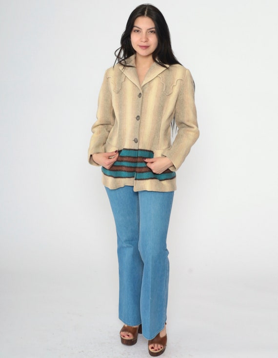 Vintage Pioneer Wear Wool Jacket 70s Western Blazer Jacket Striped Blanket Coat Boho 1970s Cream Cowboy Coat Bohemian Concho Button Up Small
