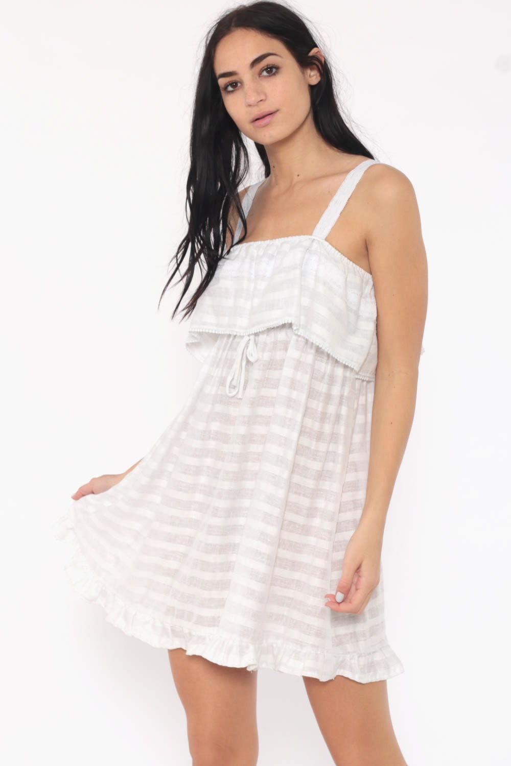 Boho Mini Dress Sheer White Cotton 70s Sundress Striped Sun Dress