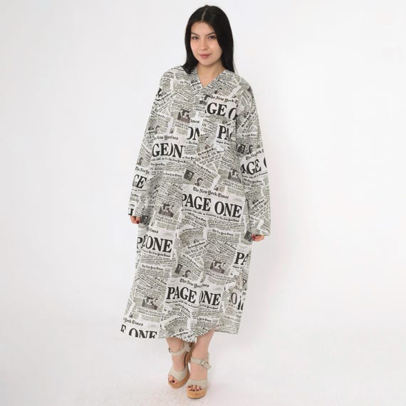 Vintage Newspaper Print Lounge Dress 70s Black White Oversized Button Front Long Sleeve Diplomat Novelty Print 1970s Medium M