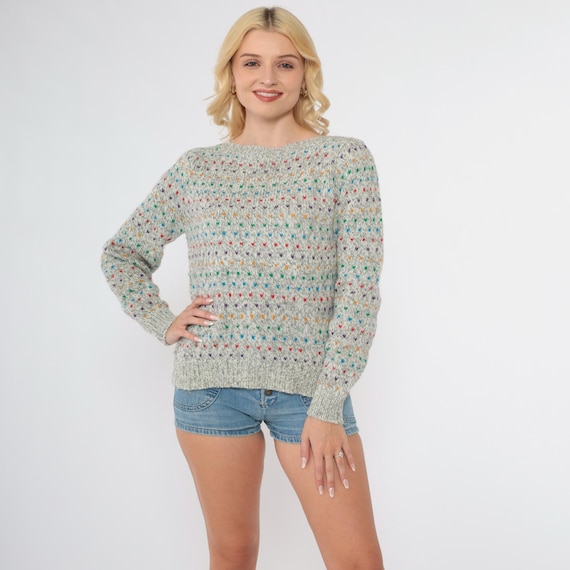 80s Gray Heart Pattern Sweater Rainbow Vintage Knit Acrylic Wool Blend Slouchy 1980s Crewneck Pullover Made in Japan Small