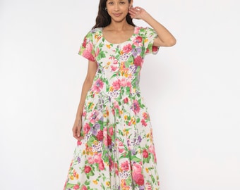 Vestido floral de jardín de los 80, algodón, botones delanteros, manga corta, estampado de rosas rosas y blancas, estilo campestre, bolsillos, flores de verano, vintage, talla M