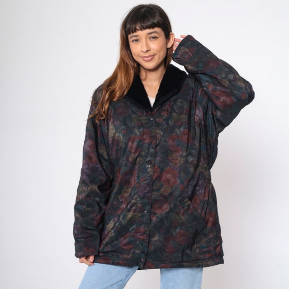 Insulted Floral Jacket 90s Faux Fur Collar Winter Windbreaker Jacket Dark Watercolor Zip Up Retro Puffer Vintage 1990s Oversized Large L