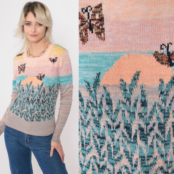 70s Arpeja Sweater Sunset Butterfly Print Space Dye Sweater Bohemian Sweater Boho Knit 1970s Pullover Hippie Seventies Pastel Extra Small xs