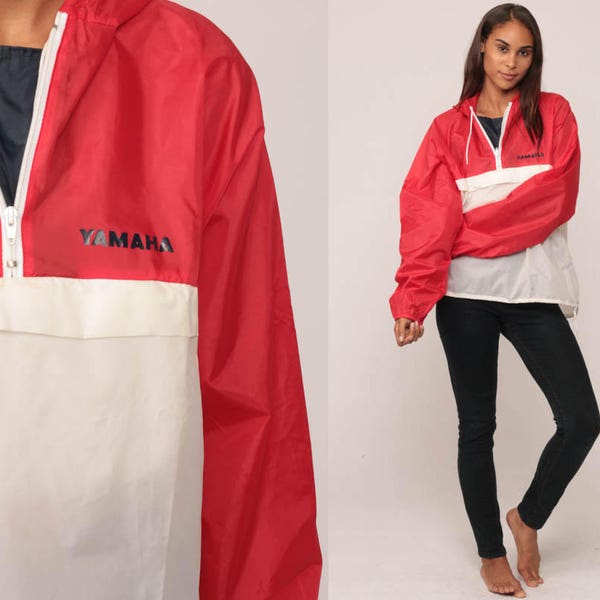 80er Jahre Windbreaker Jacke YAMAHA Pullover mit Kapuze Windbreaker Jacke Hoodie Hipster Mantel Jahrgang Kapuze rot weiße Farbe Block Extra große xl