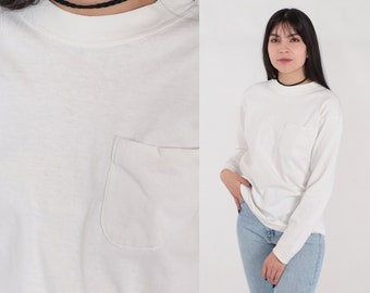 Plain White T-Shirt 90s Long Sleeve Pocket Tee Cotton Shirt Retro Plain Crewneck Blank Solid Layering Top Minimalist Vintage 1990s Medium M