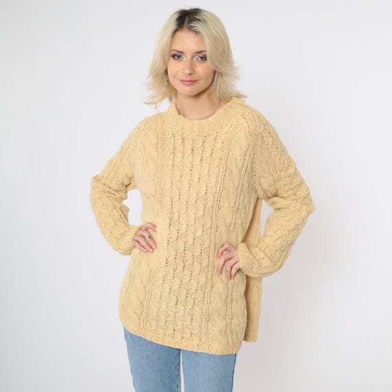 Muted Yellow Cable Knit Sweater 80s Semi-Sheer Knit Pullover Retro 1980s Vintage Round Neck Large L