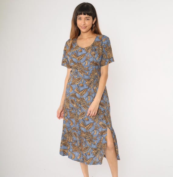 Vintage Floral Side Slit Dress 90s Blue Gold Grunge Dress Boho Midi Princess Seam 1990s A-Line Short Sleeve Scoop Neck Medium M