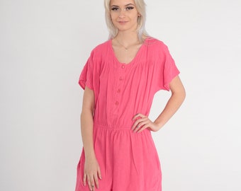 Pink Romper 80s Playsuit Button up One Piece Jumpsuit Short Sleeve Retro Shorts Summer High Waisted Mini Dress Cotton Vintage 1980s Small S