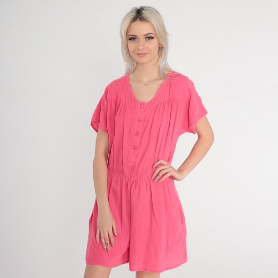 Pink Romper 80s Playsuit Button up One Piece Jumpsuit Short Sleeve Retro Shorts Summer High Waisted Mini Dress Cotton Vintage 1980s Small S