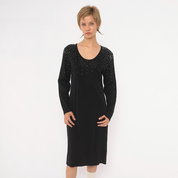 90s Black Rhinestone Knit Dress Misook Sweater Long Sleeve Shift Embellished Sparkly Cocktail Party Evening Holiday Pullover Vintage Small S
