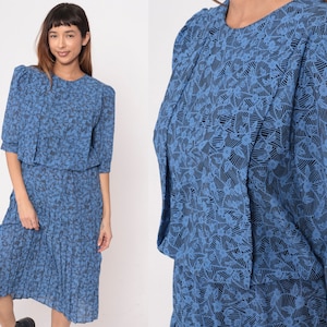 80s Floral Dress Blue Pleated Midi Dress Short PUFF SLEEVE Dress Granny Secretary Drop Waist Vintage 1980s High Waisted Busy Pattern Medium