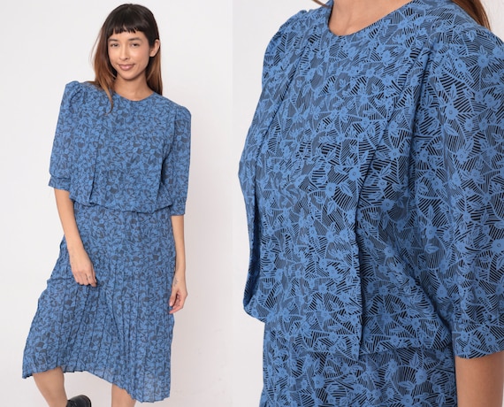 80s Floral Dress Blue Pleated Midi Dress Short PUFF SLEEVE Dress Granny Secretary Drop Waist Vintage 1980s High Waisted Busy Pattern Medium