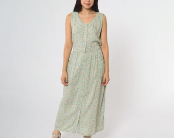 Sage Green Midi Dress 90s Floral Print Button Front Sleeveless Vintage Grunge Summer Tie Waist Cottagecore Sundress Soft Prairie Medium M 8
