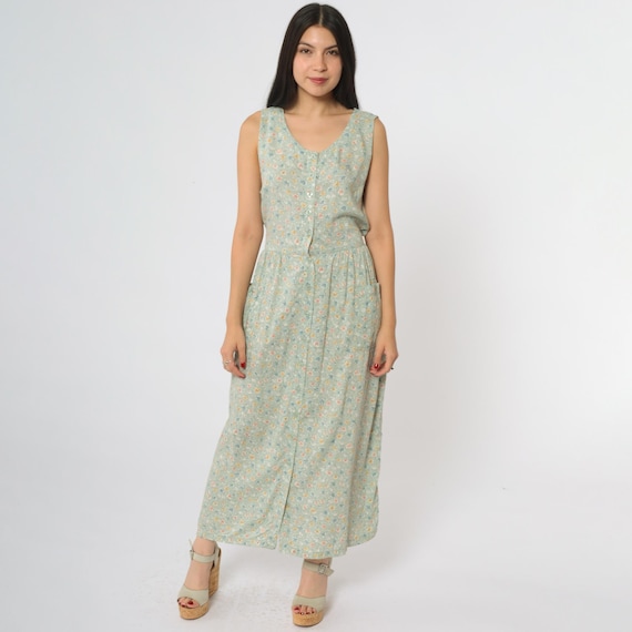 Sage Green Midi Dress 90s Floral Print Button Front Sleeveless Vintage Grunge Summer Tie Waist Cottagecore Sundress Soft Prairie Medium M 8