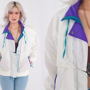 White Windbreaker Jacket 90s Purple Trim Warmup Shell Jacket Vintage 1990s Zip Up Warm Up Drawstring Neckline Oversized Small S