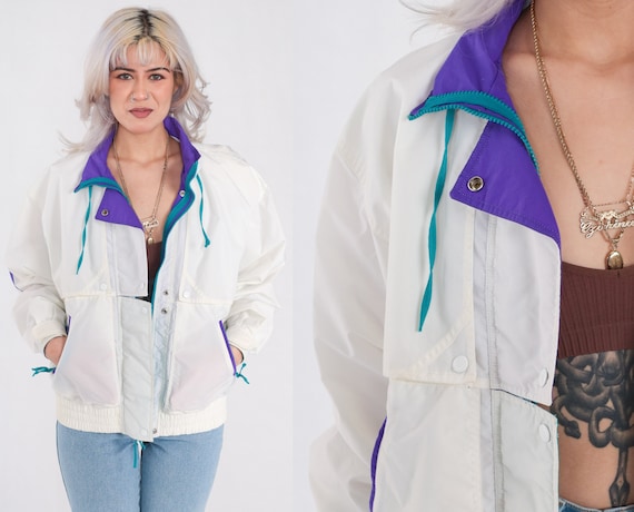 White Windbreaker Jacket 90s Purple Trim Warmup Shell Jacket Vintage 1990s Zip Up Warm Up Drawstring Neckline Oversized Small S