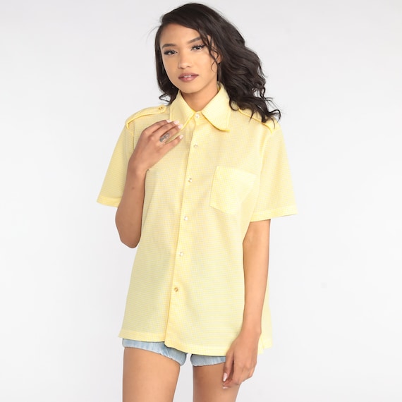 70s Button Up Shirt Yellow Grid Print Short Sleeve Shirt Epaulette Top 1970s Button Down Polyester Vintage Retro Men's Large