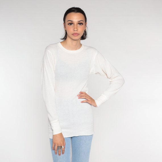 White Thermal Shirt 80s Long Sleeve Undershirt Waffle Knit Shirt Basic Under Shirt T Shirt Underwear Retro Tee Layer Vintage 1980s Medium M