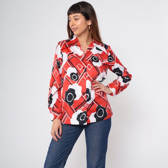 Vintage Checkered Floral Blouse 70s Mod Button up Shirt Red Abstract Print Top Long Sleeve Disco Hippie Boho Dagger Collar 1970s Medium