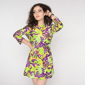 60s Mini Dress Mod Green Purple Psychedelic Dress Boho Leaf Print Dress Vintage Sixties Minidress 1960s Groovy Long Sleeve Bright Small