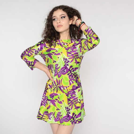 60s Mini Dress Mod Green Purple Psychedelic Dress Boho Leaf Print Dress Vintage Sixties Minidress 1960s Groovy Long Sleeve Bright Small