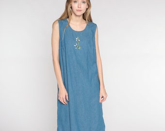 Vestido vaquero con estampado floral Y2k, vestido midi con estampado de flores bordadas grunge, vestido azul retro informal sin mangas vintage de los años 00, pequeño, mediano