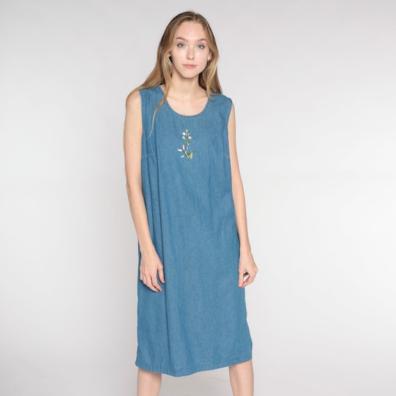 Floral Denim Dress Y2k Jean Jumper Midi Dress Grunge Embroidered Flower Overall Dress Blue Retro Casual Sleeveless Vintage 00s Small Medium
