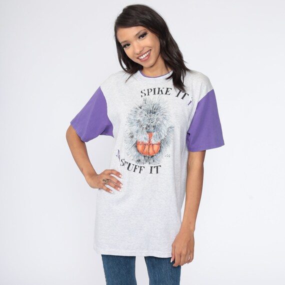 Porcupine Basketball Shirt 80s TShirt Sports Graphic Tee Spike It Grey Ringer Tee Shirt Retro Vintage Tee Medium