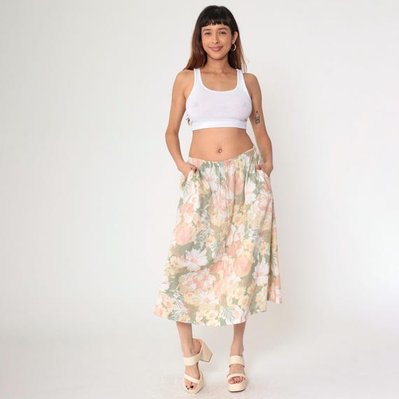 Vintage 90s Floral Skirt Pastel Midi Boho Print High Elastic Waist 1990s Hippie Romantic Summer Peach Green White Large L