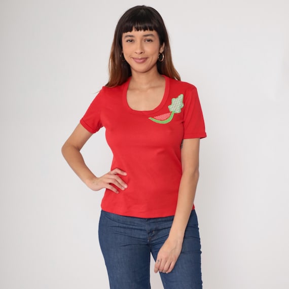 70s Watermelon Tshirt Vintage Red Cotton Applique Gingham Polka Dot Fruit Novelty Scoop Neck Summer Retro Cottagecore Summer Picnic Large L