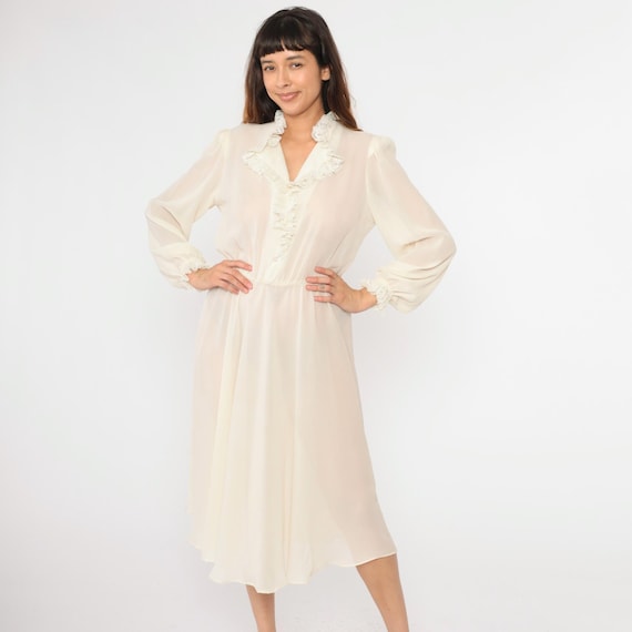 70s Sheer White Dress Vintage Lace Trim Midi Dress Boho Puff Sleeve Dress Secretary Pearl Button Up 1970s Bohemian High Waist Medium Large