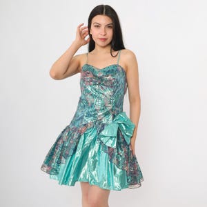 Vintage Teal Lame Party Dress 80s Metallic Lace Prom Spaghetti Strap Mini Sweetheart Neckline Iridescent Ruffle 1980s Cocktail Small xs