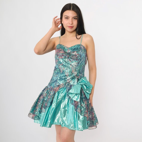 Vintage Teal Lame Party Dress 80s Metallic Lace Prom Spaghetti Strap Mini Sweetheart Neckline Iridescent Ruffle 1980s Cocktail Small xs