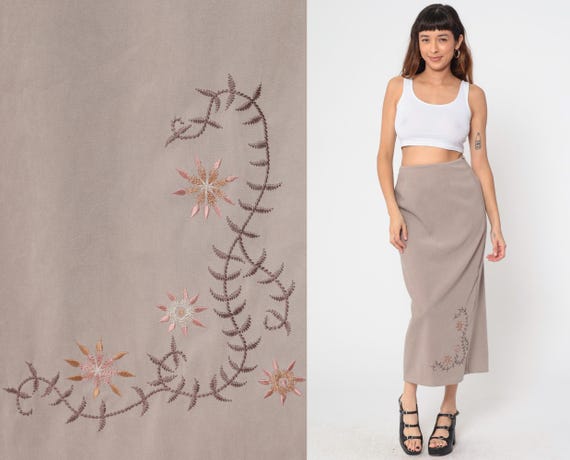 Embroidered Maxi Skirt 90s Taupe Floral Embroidery Column Vintage High Waisted Long Straight Minimalist Grunge Pencil Neutral Beige Medium M