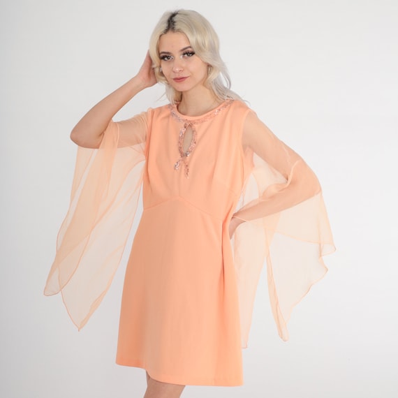 70s Mini Dress Peach ANGEL SLEEVE Beaded Party Dress 60s Babydoll Mod Chiffon Sheer 1970s Bohemian Keyhole Pastel Cocktail Boho Medium Large