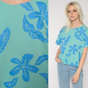 Tropical Floral Shirt 90s Flower Leaf Print T Shirt Green Blue Tee 80s Short Sleeve Boxy TShirt Hippie Shirt 1990s Vintage Retro Medium M image 1