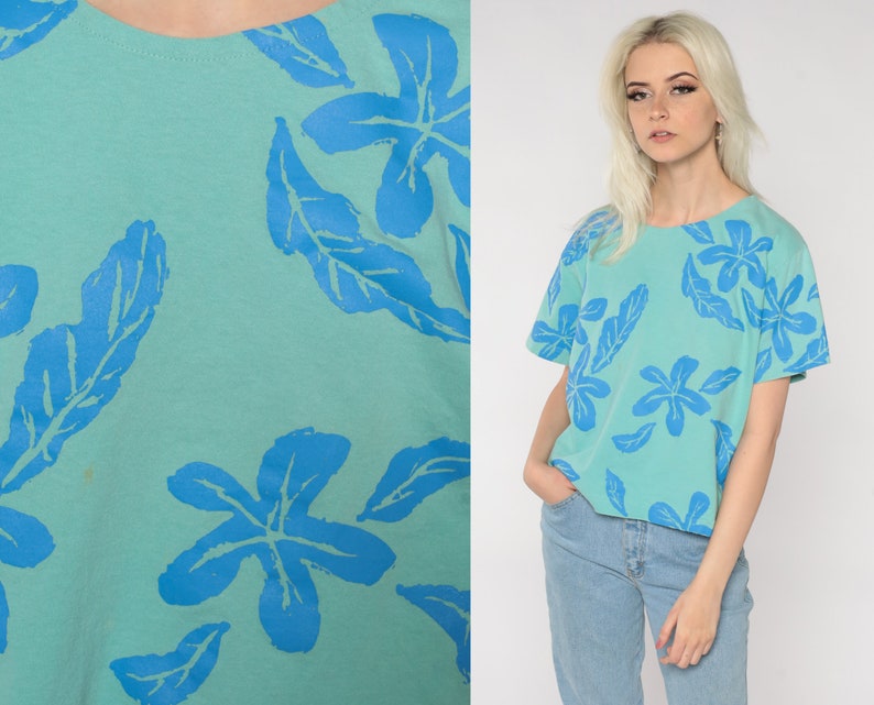 Tropical Floral Shirt 90s Flower Leaf Print T Shirt Green Blue Tee 80s Short Sleeve Boxy TShirt Hippie Shirt 1990s Vintage Retro Medium M image 1