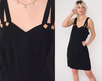 Black Strappy Dress 90s Sweetheart Neckline Mini Cocktail Party Sheath 1990s Going Out Dress Vintage Sleeveless Princess Seam Small 6