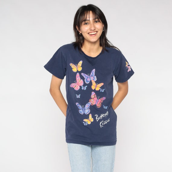 Butterfly Kisses Shirt 90s Butterflies Graphic Tee Retro Girly Cute T-Shirt Granola Kawaii Nature Wildlife TShirt Blue Vintage 1990s Small S