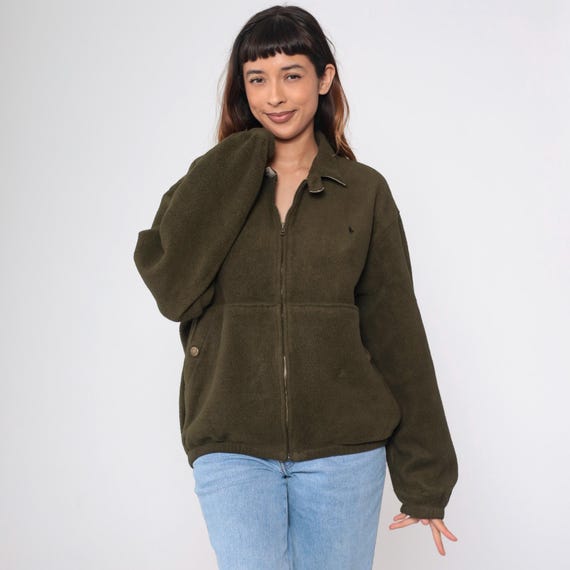 Polo Ralph Lauren Fleece Jacket Olive Brown Zip Up Collared Outerwear Preppy Streetwear Microfiber Hiking Jacket Men's Large