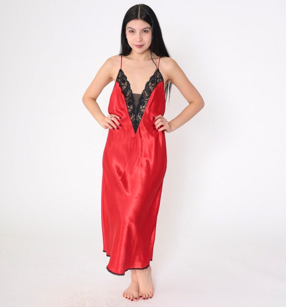 Red Slip Dress 90s Val Mode Lingerie Nightgown Low Open Back Black Lace Trim Midi Sleeveless Backless Sexy Boudoir Vintage 1990s Medium M