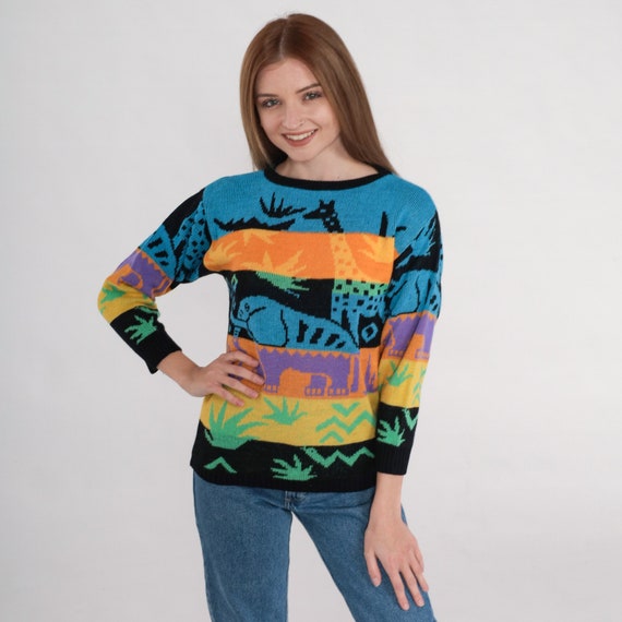 Safari Animal Sweater 90s Striped Knit Sweater El… - image 2